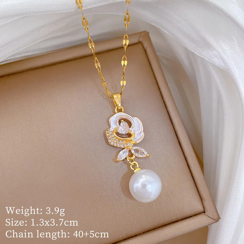 Romantic Shell Flower Pendant Necklace with Imitation Pearl Luxury Trendy Wedding Accessories Gift Aesthetic Jewelry for Women