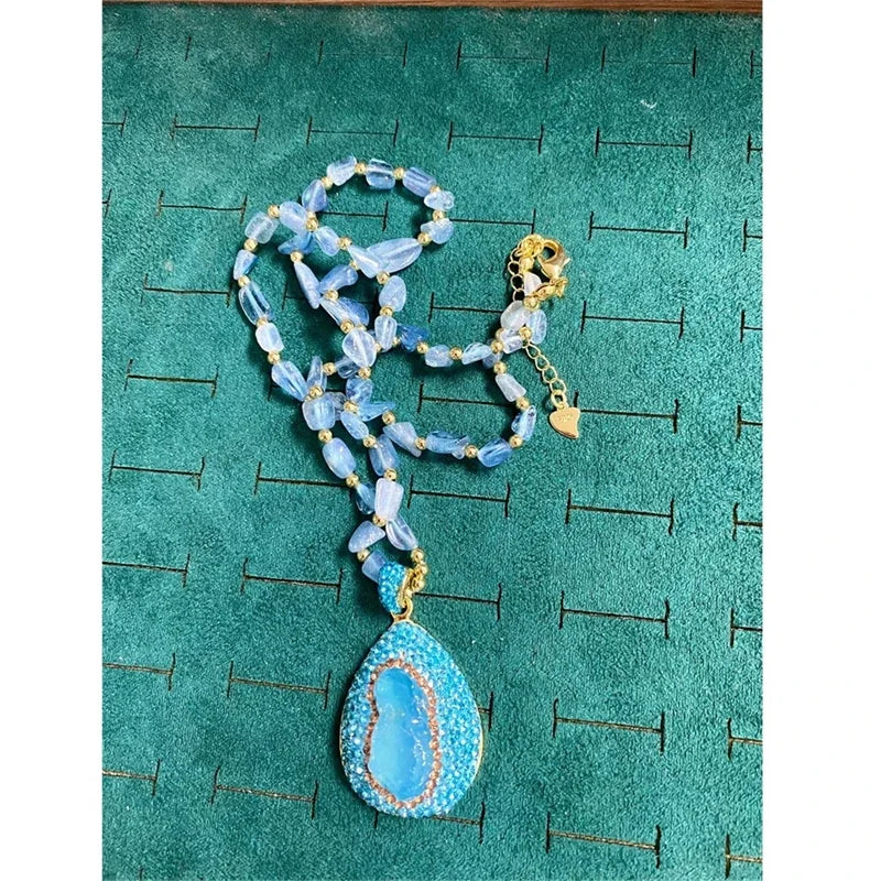 Turkish Raw Baroque Aquamarine Crystal Jewelry Set for Women Rhinestone Quartz Irregular Stone Necklace Ring Hook Earring Sets