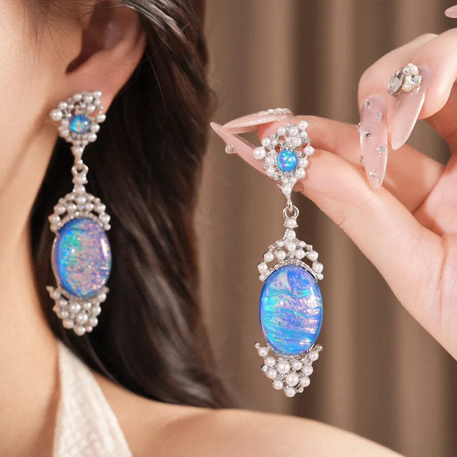 Imitation Pearl Necklace Drop Earrings Oval Shaped Pendant Necklace Earring Women's Fashion Rhinestone Party Jewelry Set  K