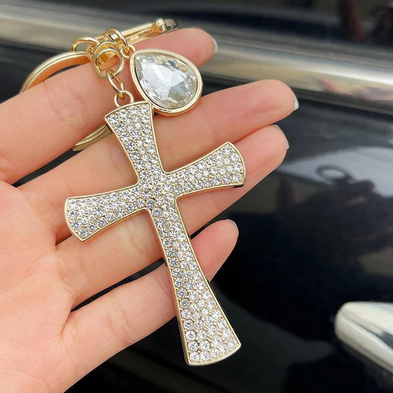Women Trendy Cross Key Ring European Style Full Crystals Cross Shaped Car Keychain Fashionable Bag Accessory Gift
