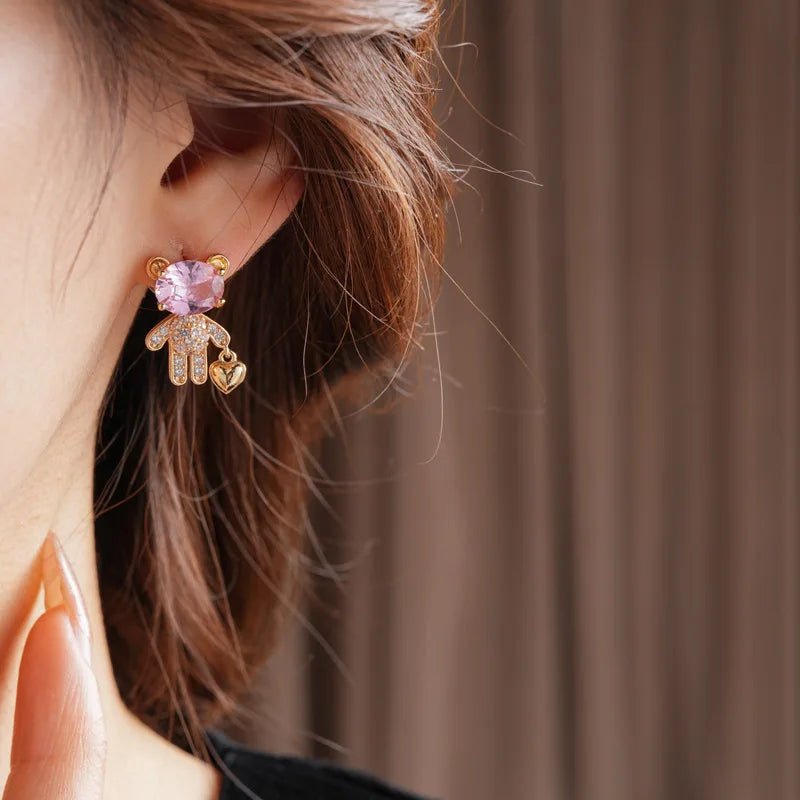 925 Silver Needle Zircon Bear Love Earrings for Women High-end Asymmetric Stud Earring Fashionable Versatile Sweet Jewelry