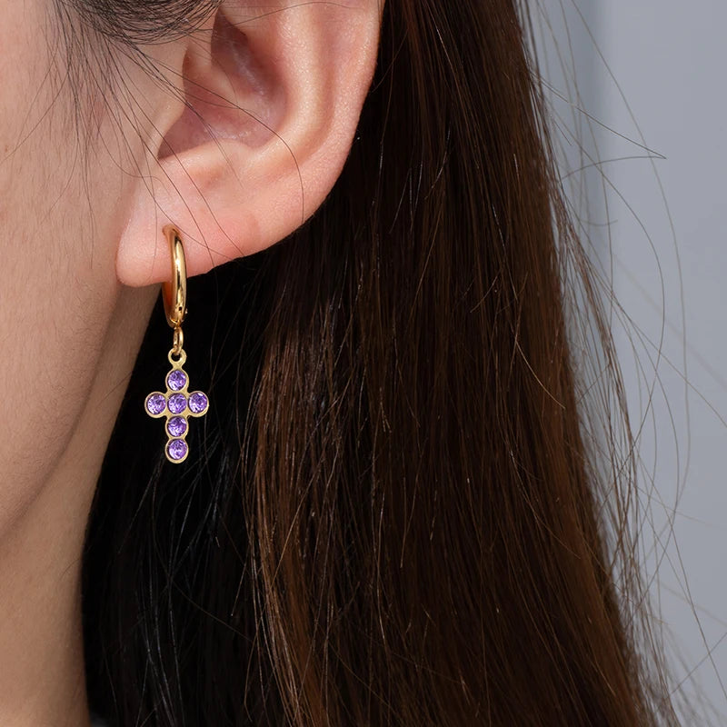 ANENJERY 316L Stainless Steel Heart Geometry Cross Star Circular Zircon Pendant Earrings For Women Fashion Simple Jewelry Gifts