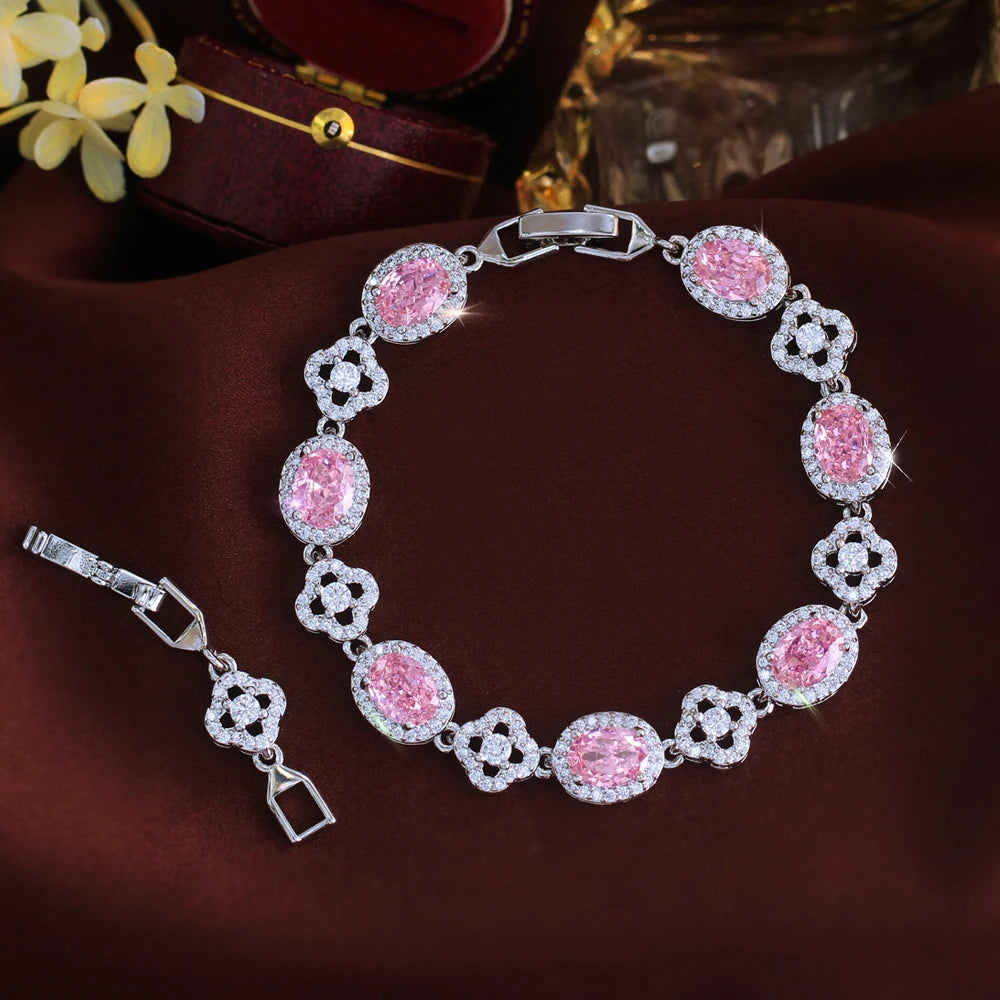 ThreeGraces Brilliant Purple Ellipse Zirconia Lucky Leaf Shape Bridal Wedding Party Link Chain Bracelet Jewelry for Women BR472