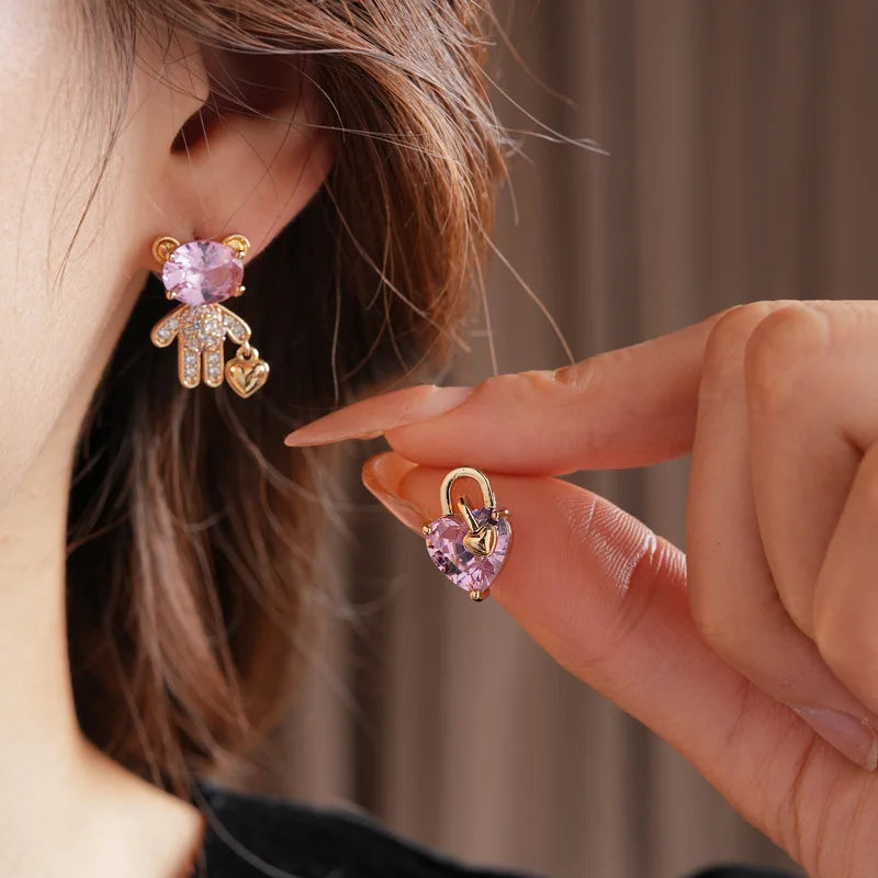 925 Silver Needle Zircon Bear Love Earrings for Women High-end Asymmetric Stud Earring Fashionable Versatile Sweet Jewelry
