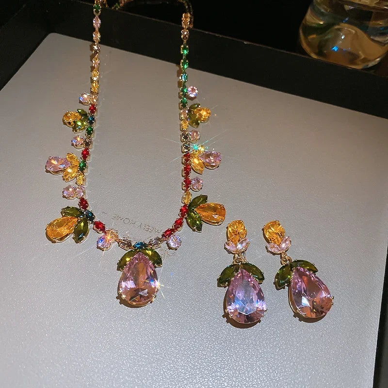 2 Pcs Color-block Water Drop Zircon Pendant Necklaces Set Party Retro Leaf Dangle Earrings Daity Banquet Gathering Anniversary H