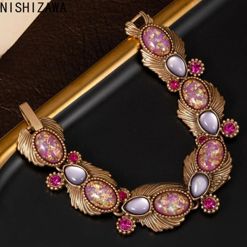 NISHIZAWA Pink Opal Bracelets Woman Geometric Vintage Palace Style Jewelry Fashion Light Luxury Elegant Pulseras Mujer