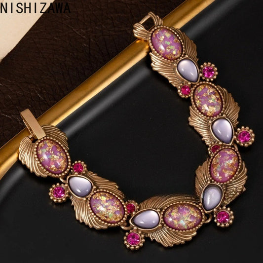 NISHIZAWA Pink Opal Bracelets Woman Geometric Vintage Palace Style Jewelry Fashion Light Luxury Elegant Pulseras Mujer