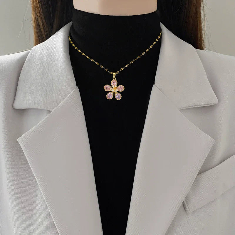 EILIECK 316L Stainless Steel Fashion Chic Cubic Zirconia Flower Pendant Necklace Tarnish Resistant Stylish Neck Chain Jewelry