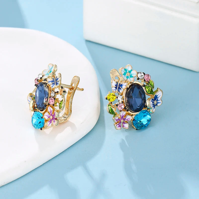 1pair Women Gold Color Hoop Earrings Aesthetic Colorful Enamel Flower Design Wedding Party Accessories Trendy Jewelry with CZ