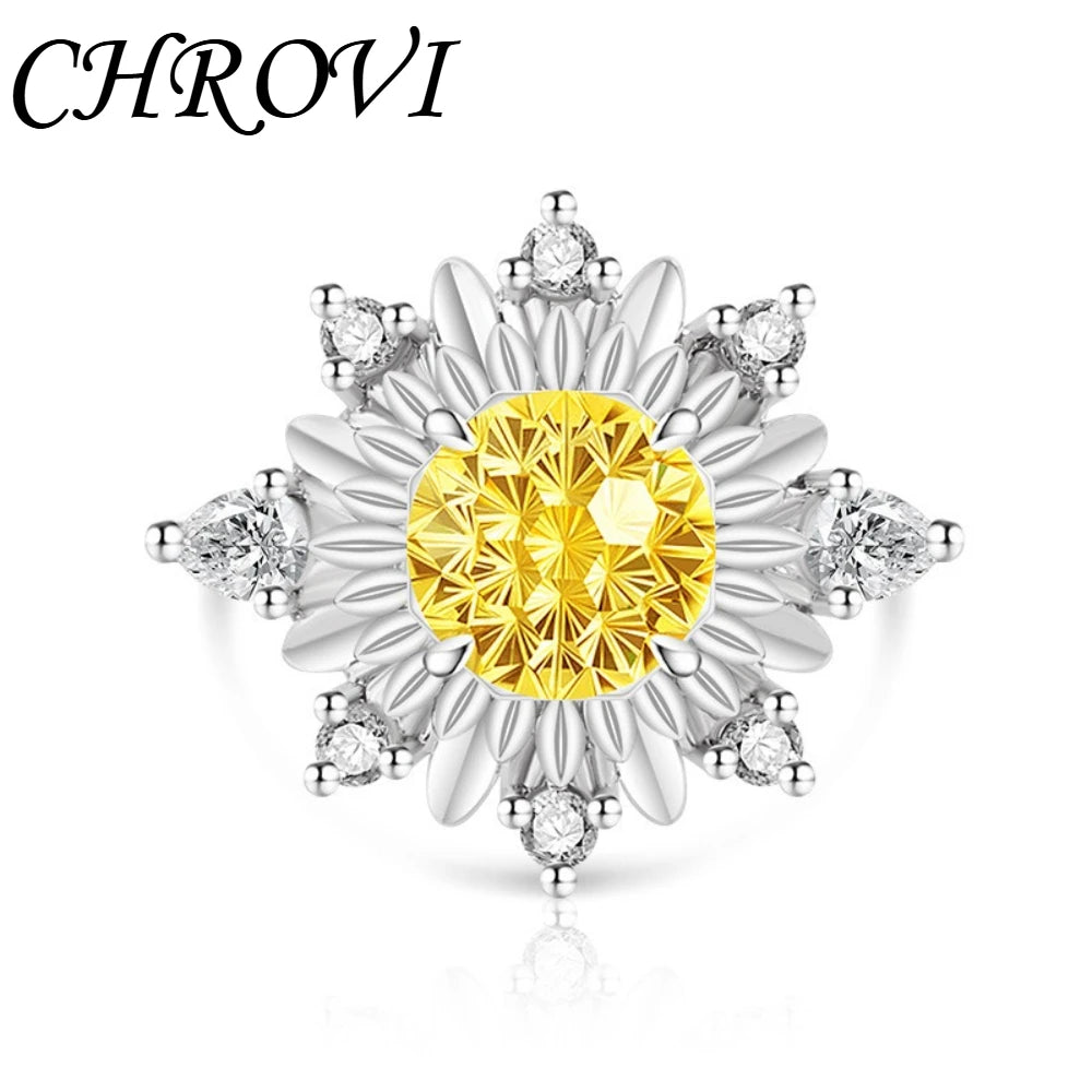 Luxurious 925 sterling silver gemstone flower chrysanthemum ring for women - ultra-shiny sunflower style finger ring