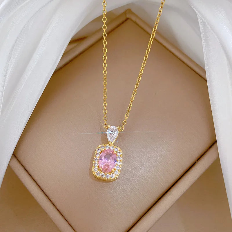 316L Stainless Steel Pink Crystal Pearl Charm Necklace Earrings For Women Girl New Trend Non-fading Jewelry Set Gift