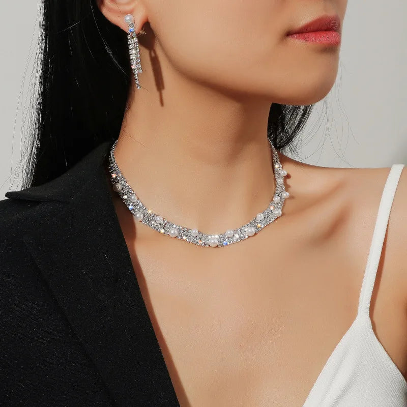 TREAZY Luxurious Rhinestone Crystal Wedding Jewelry Sets for Women Statement Choker Necklace Earrings Bridal Jewelry Accessories