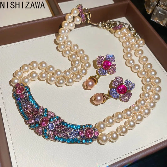 Women Pearls Earrings Vintage Palace Style Colorful Rhinestones Jewelry Flowers Fashion Dinner Party Aretes De Mujer