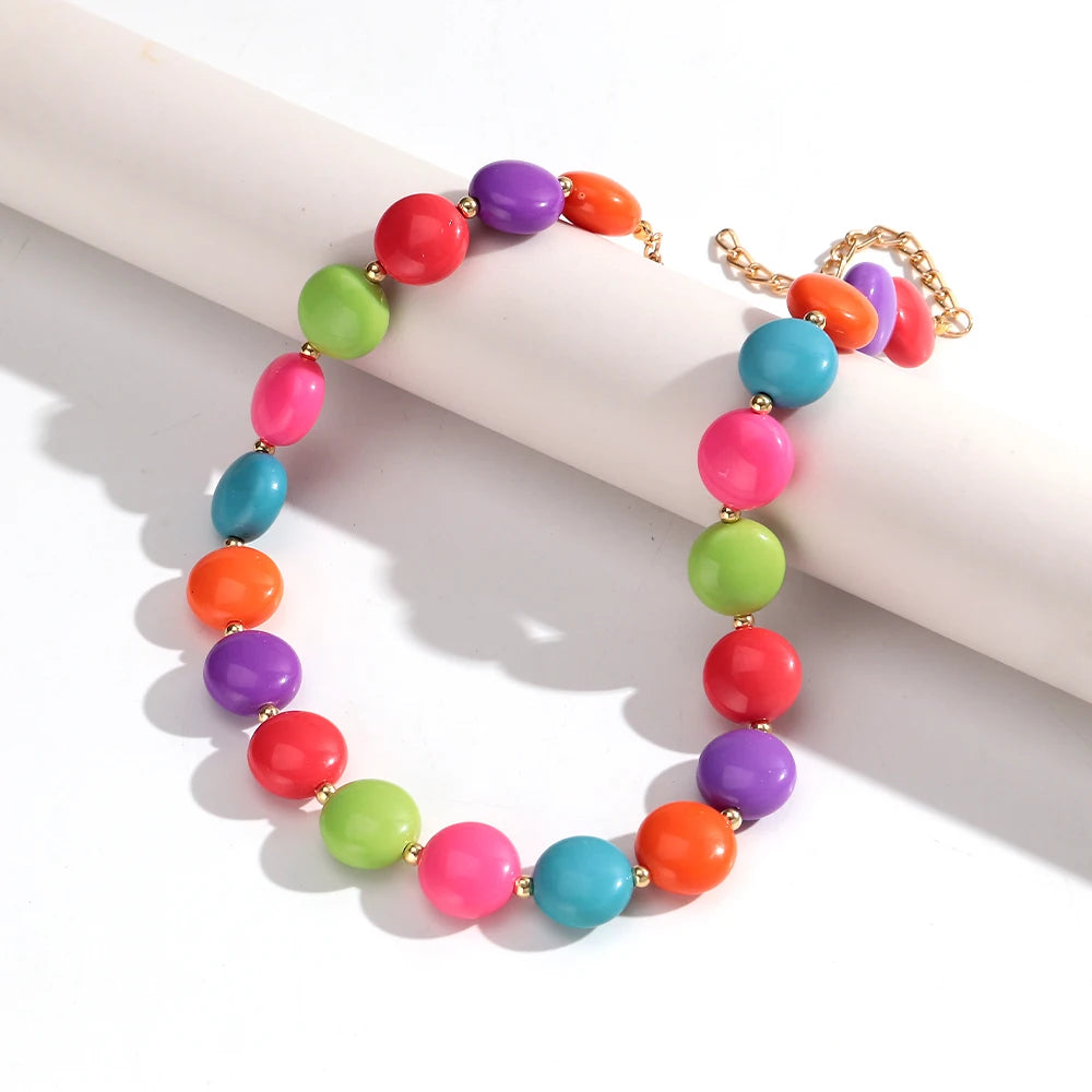 Fashion Colorful Acrylic Geometric Oblate Round Beads Necklaces for Women New Beaded Choker Necklace Boho Party Jewelry Gifts
