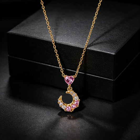 Small Heart Moon Charm Cute White Pink Zircon Stone New Trendy Pendant Necklace Vintage Gold Color Wedding Jewelry For Women