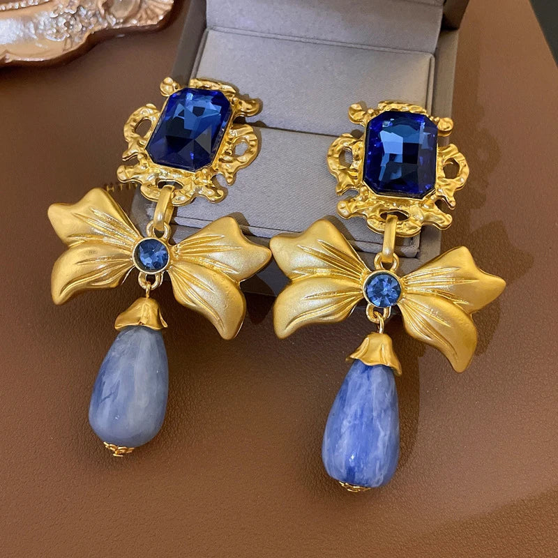 3 Pcs Bluey Rhinestone Square Bowknot Water Drop Dangle Earrings for Women Vintage Unique Design Necklaces Collar Jewelry Sets