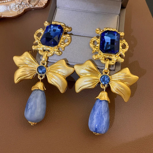3 Pcs Bluey Rhinestone Square Bowknot Water Drop Dangle Earrings for Women Vintage Unique Design Necklaces Collar Jewelry Sets
