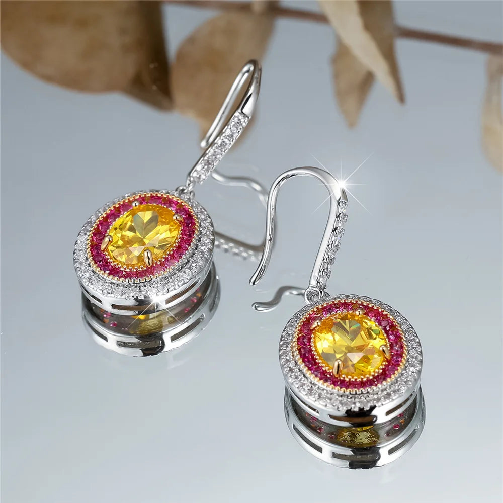 Luxury Female Big Yellow Oval Zircon Stone Drop Dangle Earrings Cute Silver Color Party Jewelry For Women