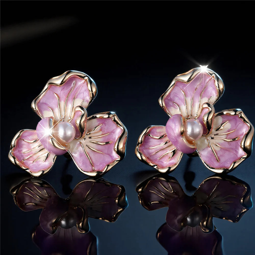 Cute Female White Pearl Purple Enamel Gold Color Flower Stud Earrings Lovely Bridal Wedding Jewelry For Women