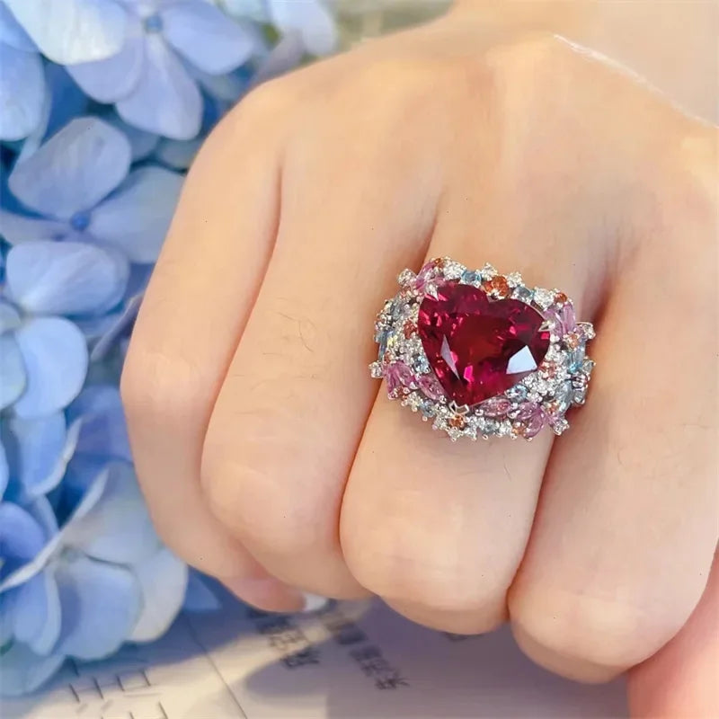 Simple Heart Ruby Ring for Women Female 925 Sterling Silver Open Finger Rings Romantic Gift for Girlfriend Zircon Jewelry