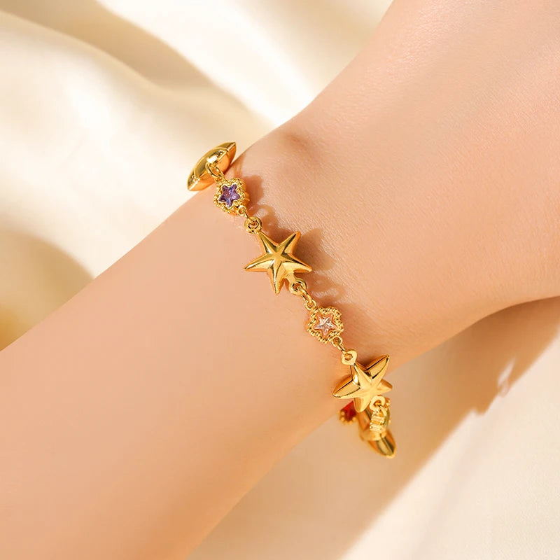 EILIECK 316L Stainless Steel Colorful Star Zircon Charm Bracelet Gold Color Jewelry Trendy Metal Texture Accessories for Women