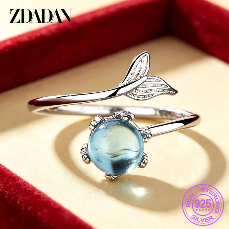ZDADAN 925 Sterling Silver Fish Tail Crystal Open Ring For Women Girls Fashion Jewelry Gifts