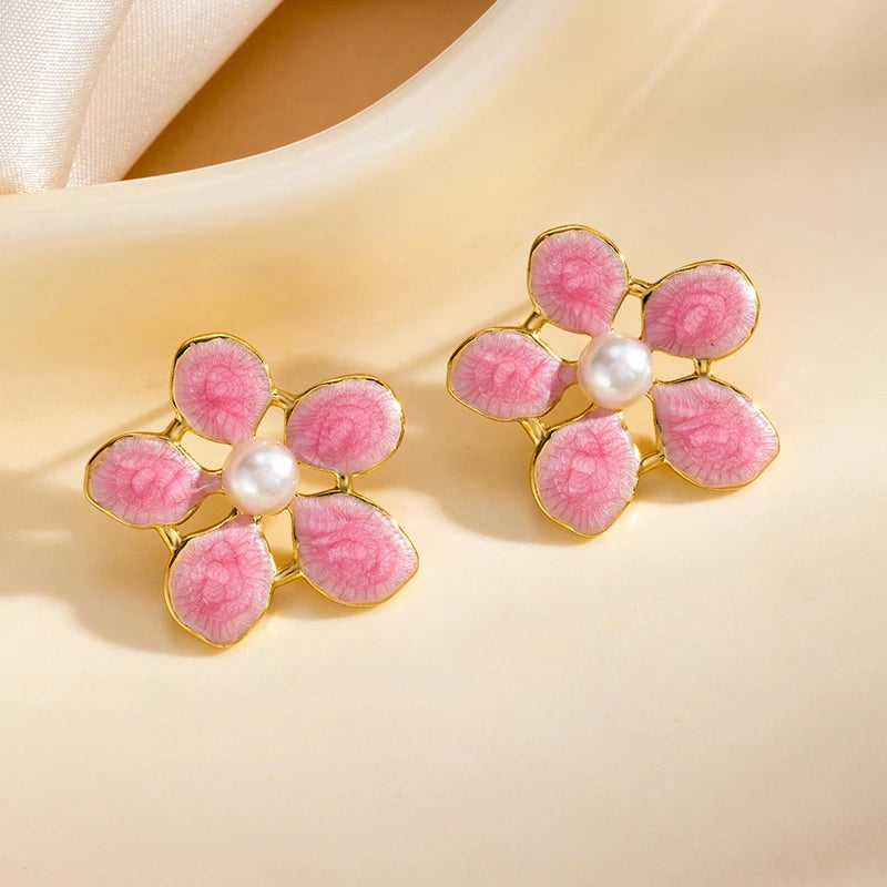 ANENJERY 316L Stainless Steel Flowers Imitating Pearls Stud Earrings For Women Luxury Niche Temperament Simple Jewelry Gift