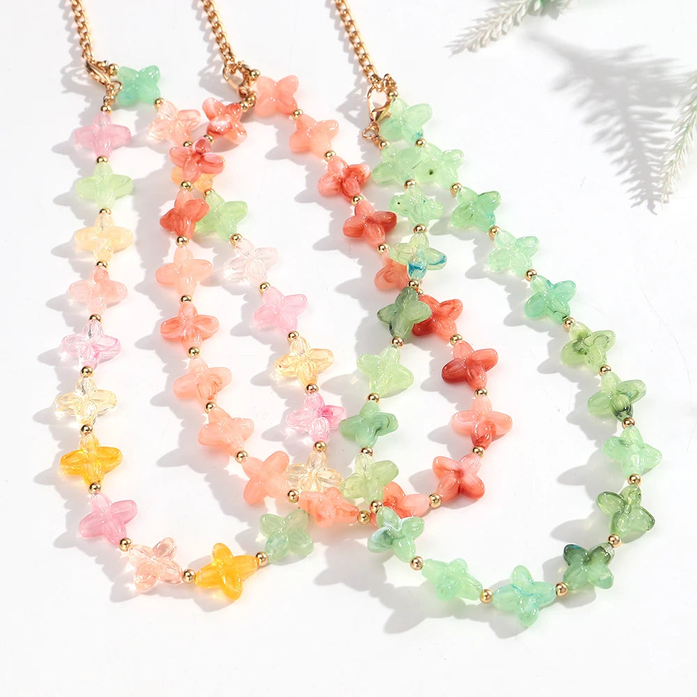 Cute Colorful Geometric Flower Beaded Choker Necklace Sweet Resin Beads Necklaces for Women Spring Summer Jewelry Gifts