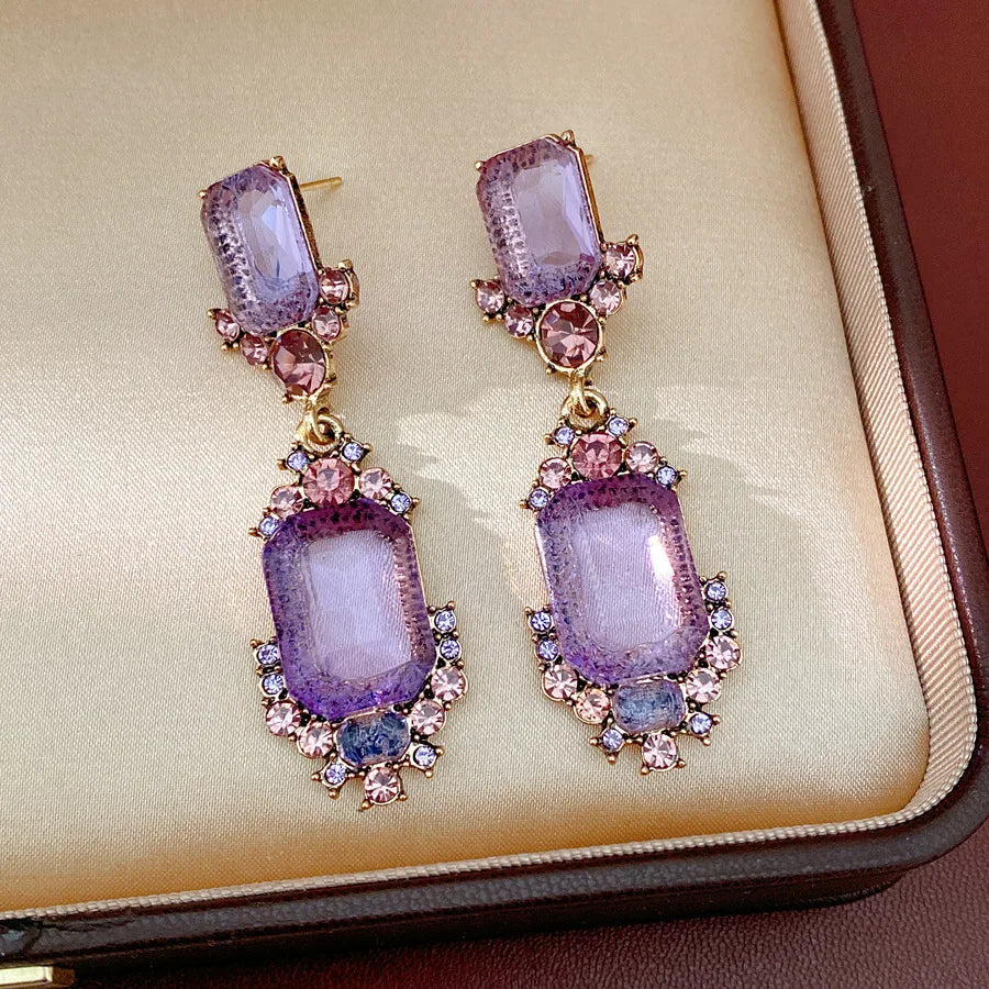 1 Pcs Purple Square Rhinestones Chokers Necklaces Retro Shiny Geometric Drop Earring Luxury Jewelry Set Gifts Wedding Party N