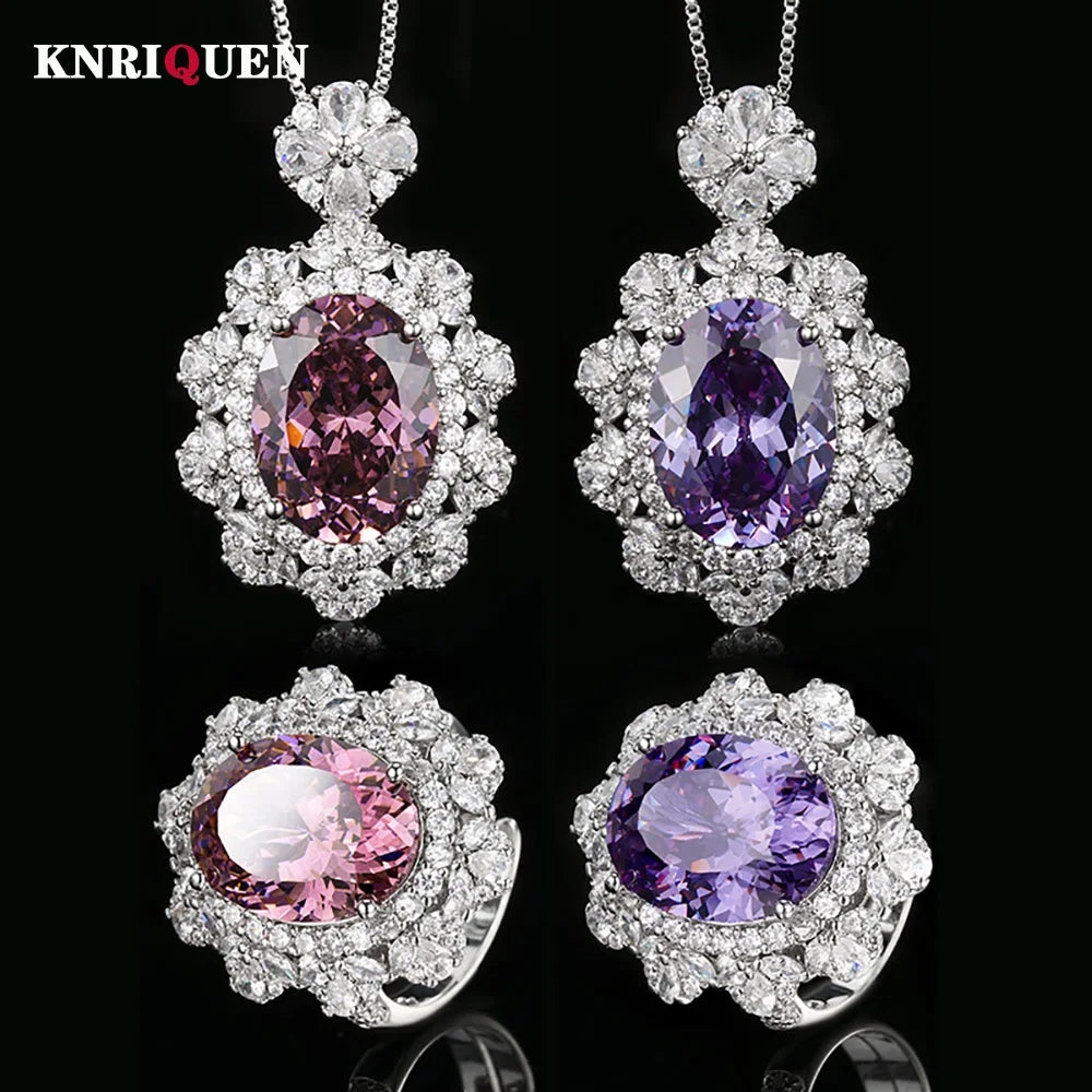 New Vintage 12*16mm Amethyst  Pink Quartz Pendant Necklace Rings for Women Gemstone Lab Diamond Party Jewelry Sets Birthday Gift