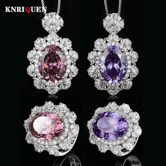 New Vintage 12*16mm Amethyst  Pink Quartz Pendant Necklace Rings for Women Gemstone Lab Diamond Party Jewelry Sets Birthday Gift