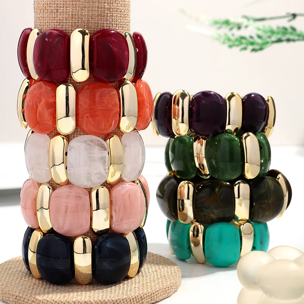 Elegant Acrylic Marble Geometric Petal Curved Beads Elastic Bracelets Trendy CCB Bead Chunky Bangles Bracelet Women Accessories