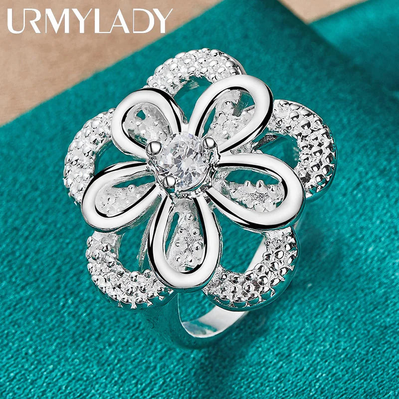 URMYLADY 925 Sterling Silver Double Flower Zircon 7-10# Ring For Women Wedding Engagement Party Fashion Jewelry