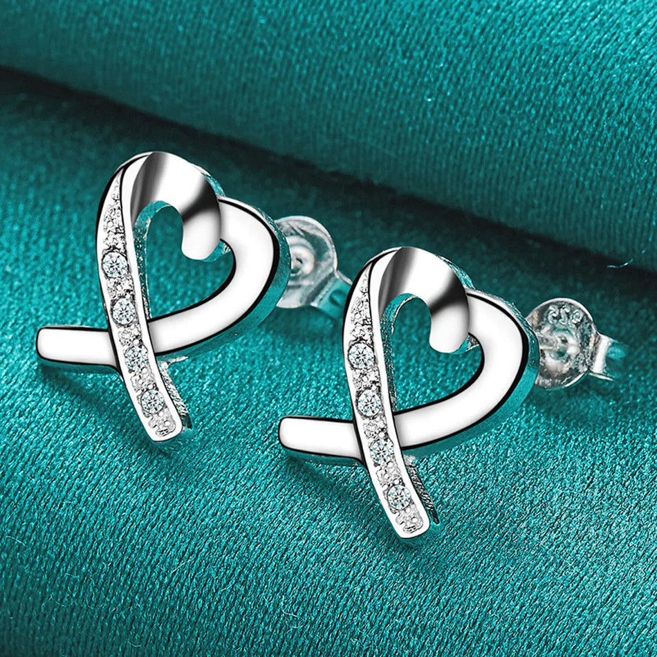 URMYLADY 925 Sterling Silver Love Heart Zircon Stud Earrings For Women Wedding Party Fashion Jewelry