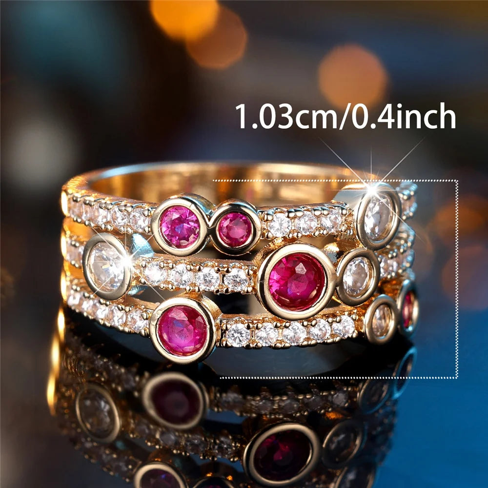 Cute Female Rose Red Zircon Stone Gold Color Wedding Jewelry Promise Engagement Rings For Women