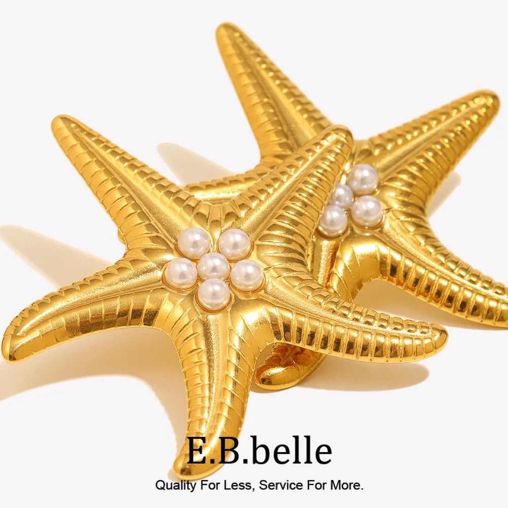 E.B.belle Exaggertaed Summer Beach Imitation Pearl Starfish Stud Earrings 18k Gold Plated Stainless Steel Holiday Women Jewelry