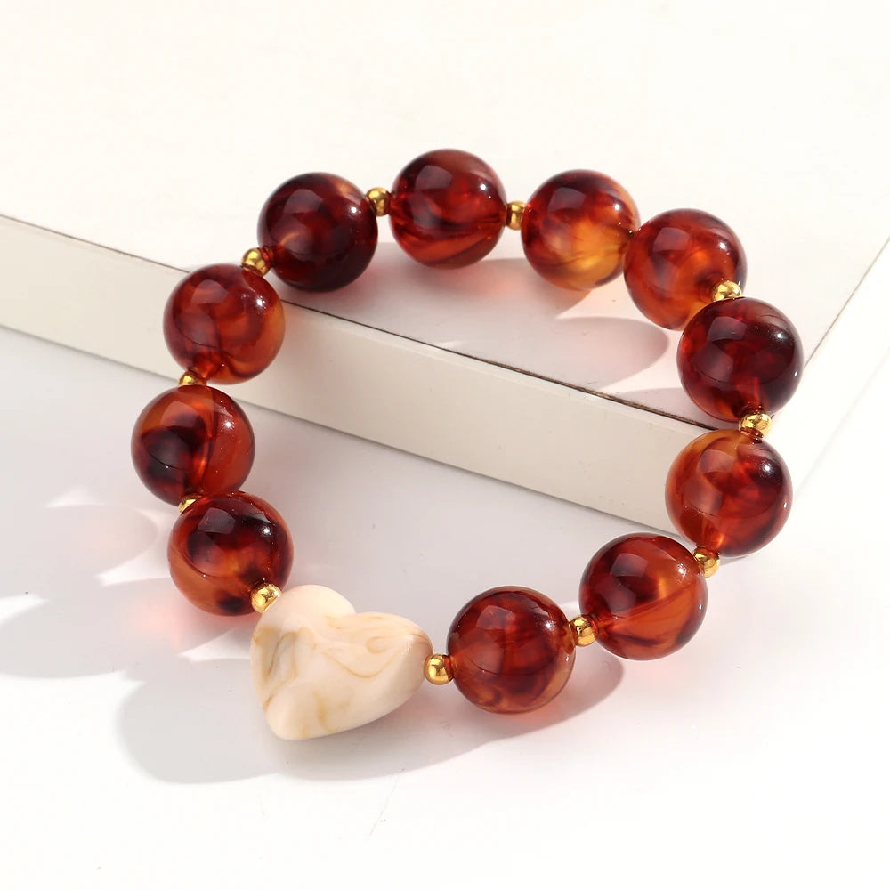 Trendy Acrylic Round Heart Beads Elastic Bangle Bracelets Resin Colorful Geometric Beaded Stretch Bracelet Women Charm Jewelry