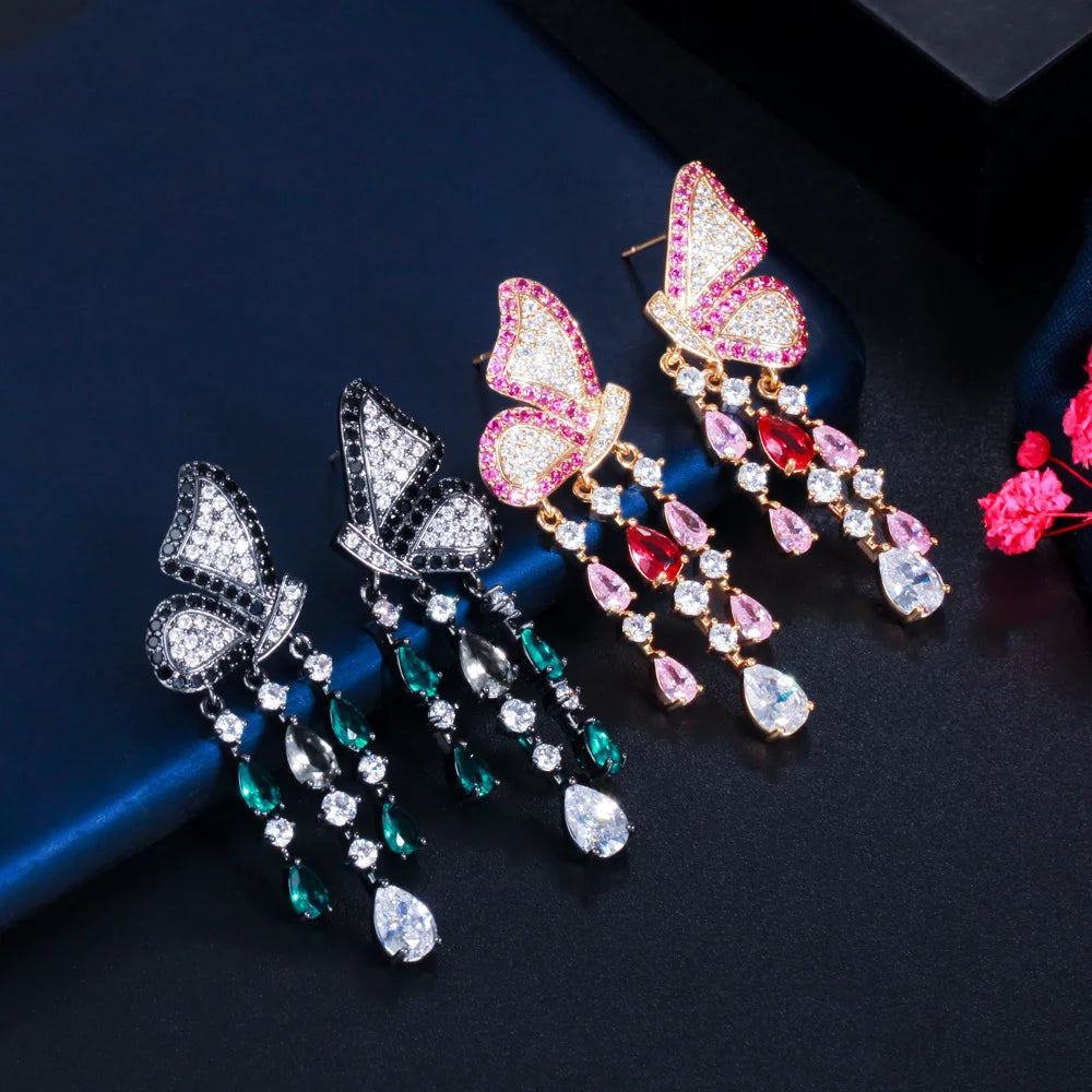 ThreeGraces Elegant Black Cubic Zirconia Butterfly Shape Long Dangle Tassel Earrings for Women New Fashion Party Jewelry E1281