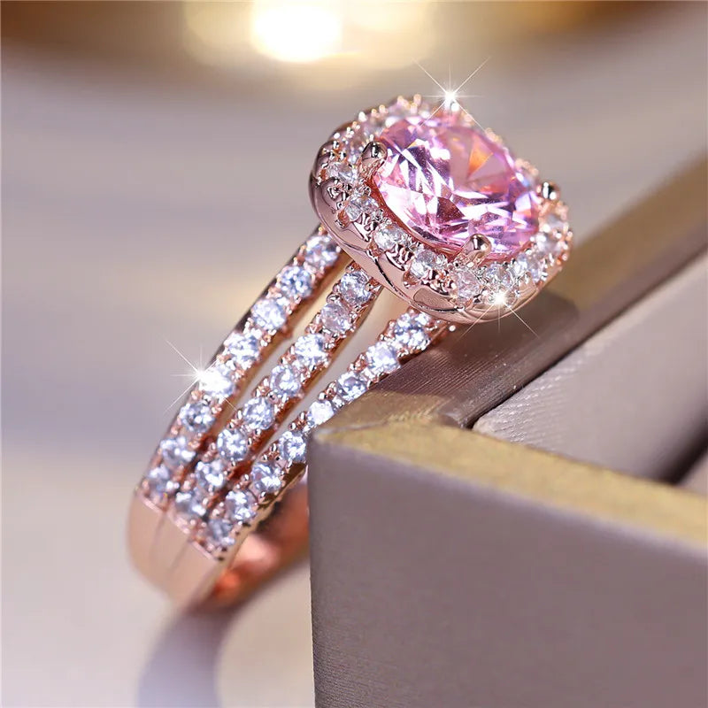 Luxury Female Small Pink Round Zircon Stone Engagement Ring Trendy Rose Gold Color Bride Wedding Jewelry Gift For Women