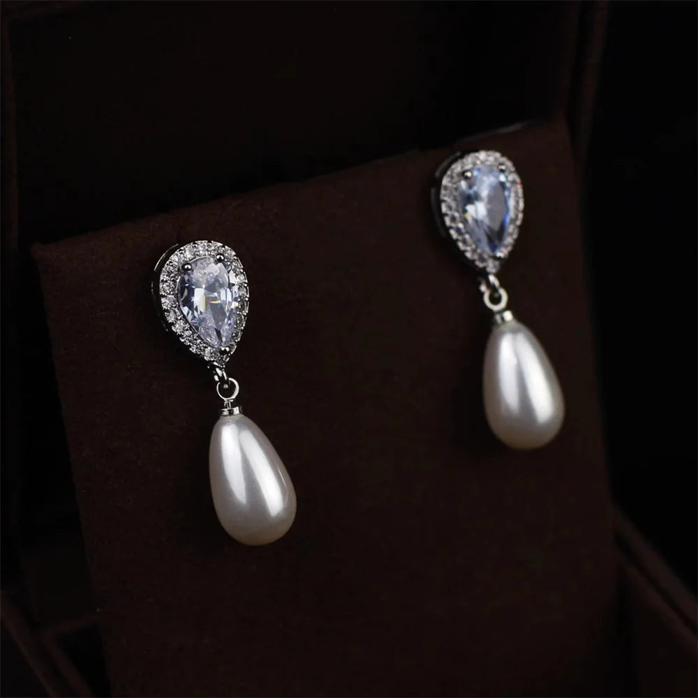 Charm Female White Crystal Drop Earrings Cute Pearl Trendy Bridal Wedding Jewelry For Women