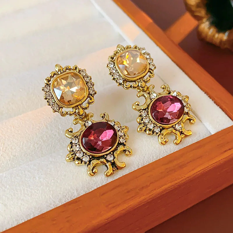 Vintage Square Rhinestone Round Drop Earring Chain Necklace Palace Style Luxury High-end Design Women's Jewelry Sets Wedding J