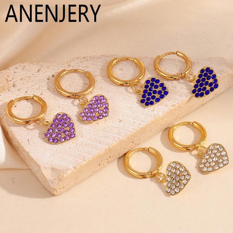 ANENJERY 316L Stainless Steel Heart Geometry Cross Star Circular Zircon Pendant Earrings For Women Fashion Simple Jewelry Gifts