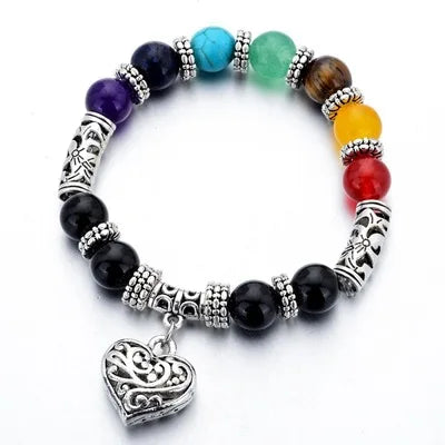 New Women 8mm Bracelets Bangles 7 Chakra Healing Balance Beads Heart Charm Bracelet For Female Reiki Prayer Stones Jewelry