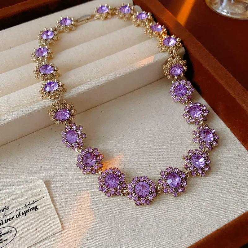 Vintage Amethyst Round Flower Cluster Necklace Bracelet Earring Jewelry Set Antique Silver Luxury Women Bridal Wedding Jewelry N