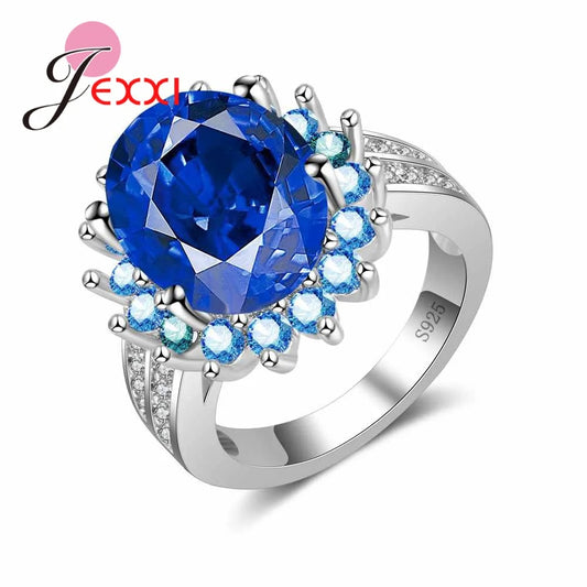 Fancy Big Sunflowers Clearly Blue Crystals Design Women Party Rings 925 Sterling Silver Color Accessory Best Gift Anniversary