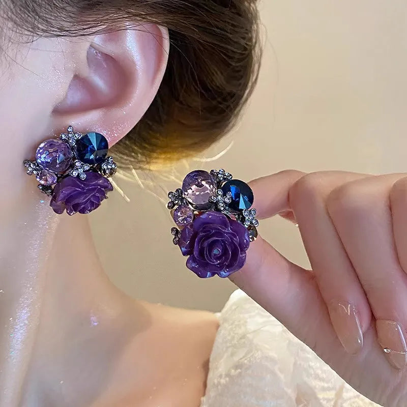 Charming Purple Crystal Flower Stud Earrings For Women Korean Fashion Romantic Rhinestone Rose Earrings Wedding Party Jewelry