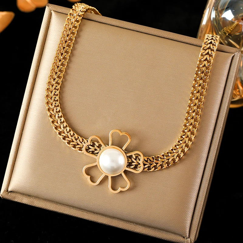 EILIECK 316L Stainless Steel Large Flower White Pearl Necklace For Women Fashion New Party Gift Neck Chain Waterproof Jewelry