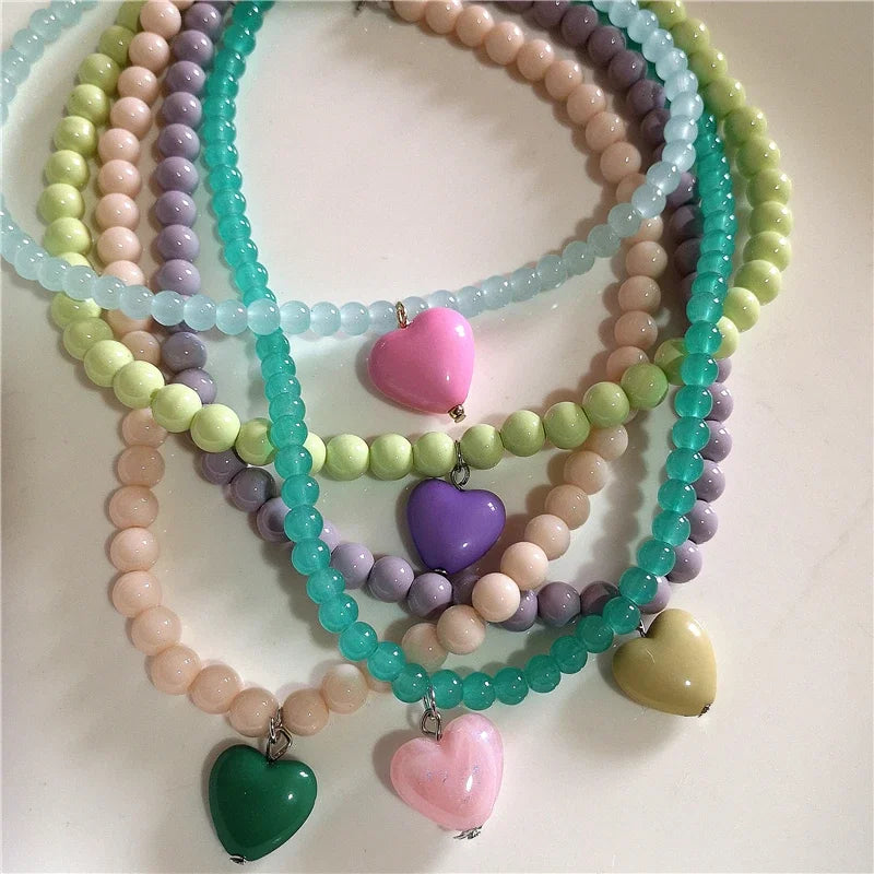 Kpop Resin Candy Color Heart Pendant Glass Beaded Short Choker Collar Neck Necklace Aesthetic Charm Jewelry Y2K Accessories