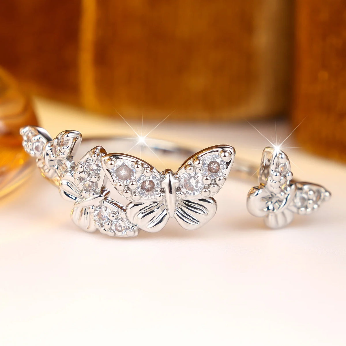 Cute Female White Zircon Stone Butterfly Adjustable Ring Silver Color Open Wedding Jewelry For Women
