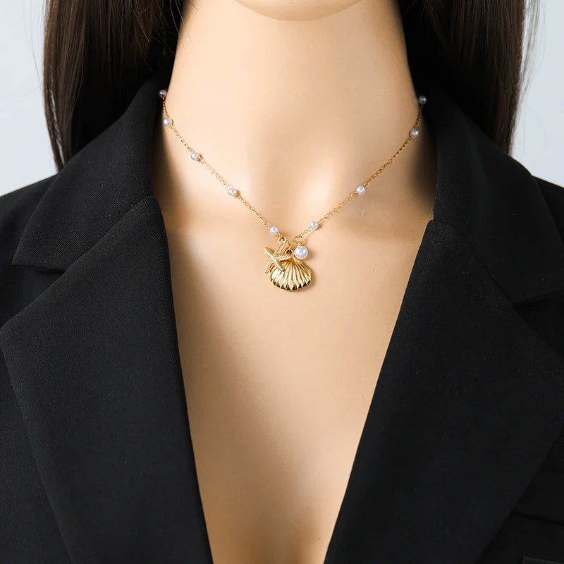EILIECK 316L Stainless Steel Gold Color Starfish Shell Pearl Necklace Earrings Set For Women Trendy Waterproof Jewelry Lady Gift